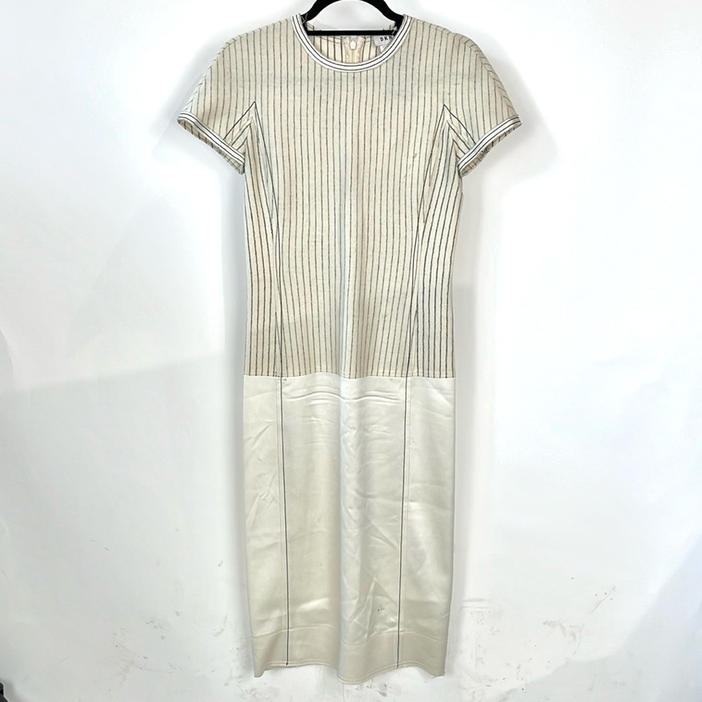 DKNY Gesso Pinstripe Mixed Media Shift Midi Dress